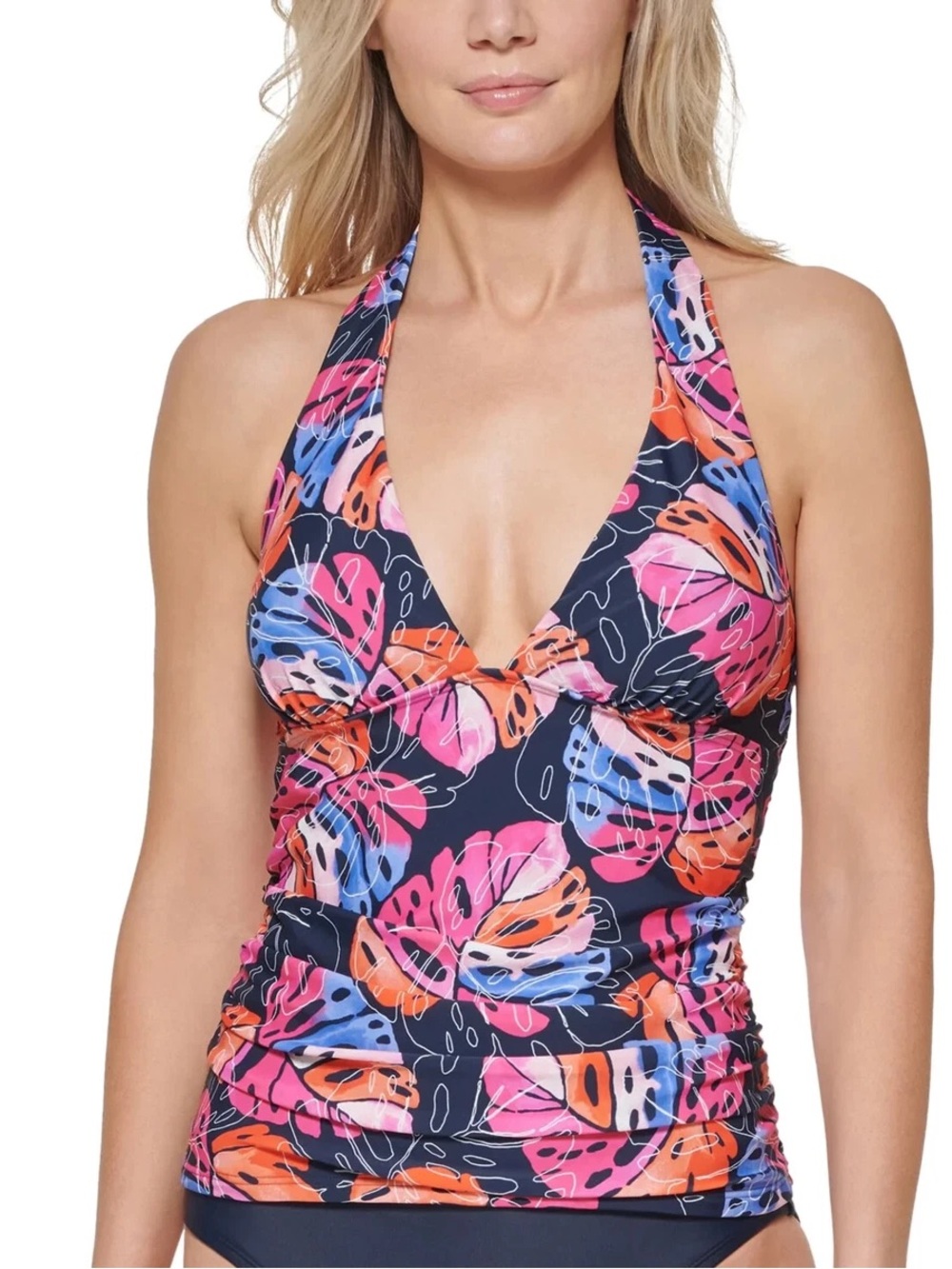 Tommy Hilfiger Navy Halter Bikini Top with Pink, Orange & Blue Leaf Print
